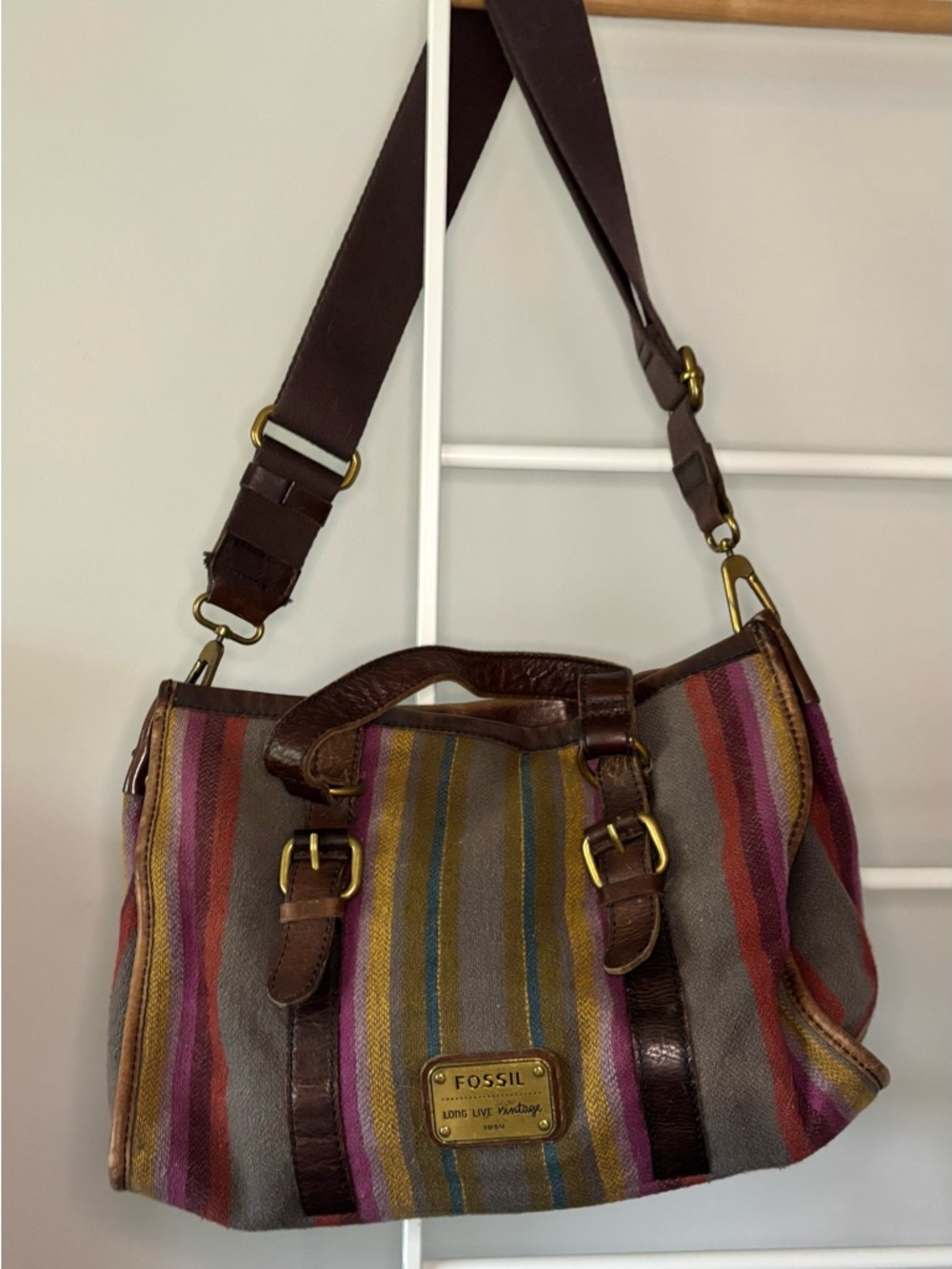 Vintage Fossil Striped Fabric Crossbody with Brown Leather Trim - Picture 4 of 16